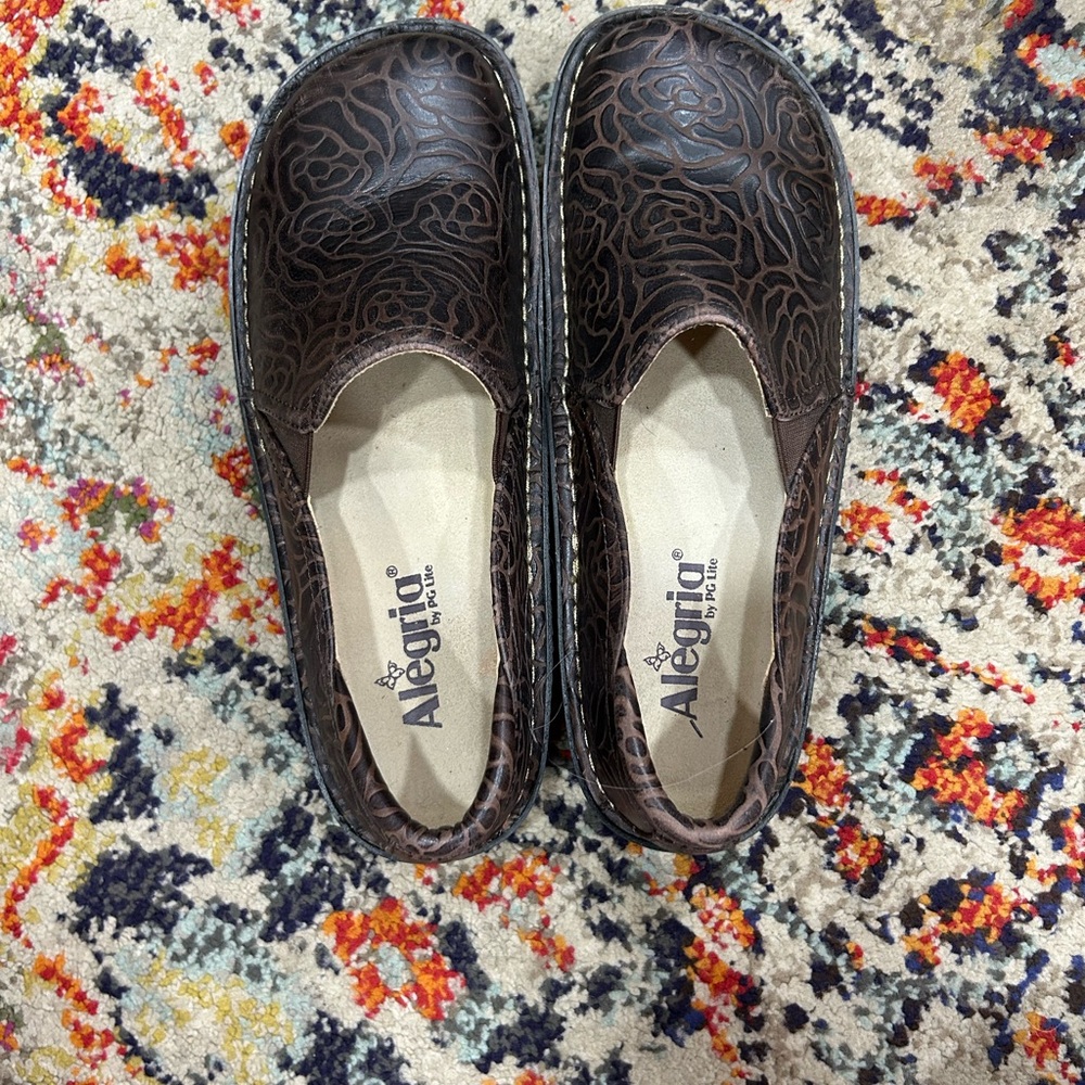 Alegria Dark Brown Floral Slip-Ons